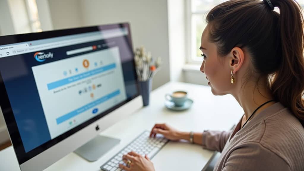 Woman verifying investment company credentials online, secure website, financial safety, natural Mulher verificando credenciais de empresa de investimento online.