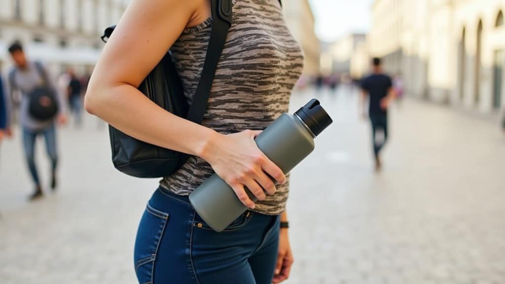 Mulher com garrafa reutilizável em Lisboa, dica para economizar e ser sustentável.
