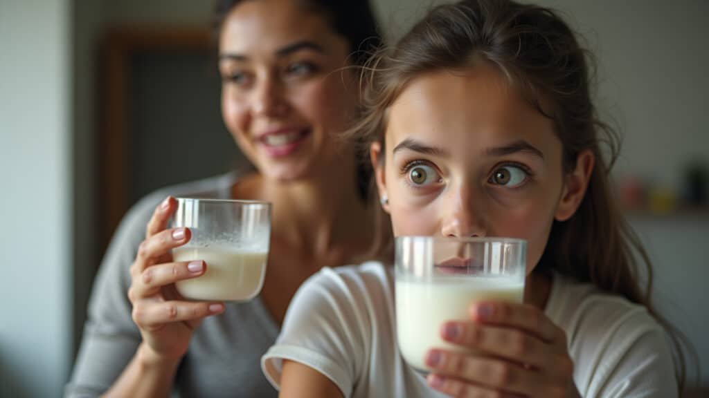 Young woman looking suspiciously at a glass of milk, mother smiling unnervingly in the background, Jovem desconfiada da mãe em um suspense psicológico.