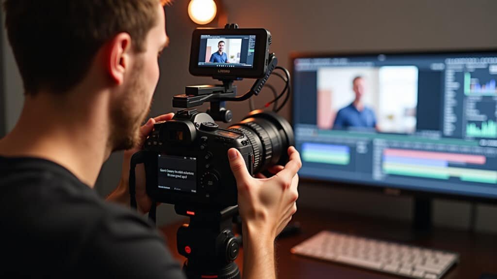 YouTuber creating video, camera, microphone, editing software, engaging content, professional Youtuber criando conteúdo para seu canal.